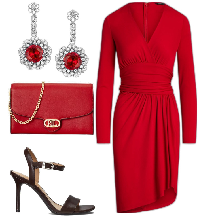 Outfit donna - Serata. Stile Glamour per Serata fuori. Abbinamento con borse a tracolla, vestiti asimmetrici, sandali in pelle, ciondoli.