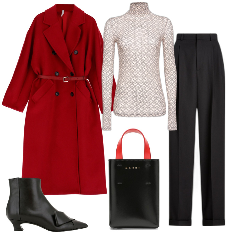 Outfit donna - Il cappotto rosso. Stile Casual chic per Serata fuori. Abbinamento con maglieria, cappotti, stivaletti, pantaloni, shopping bag.