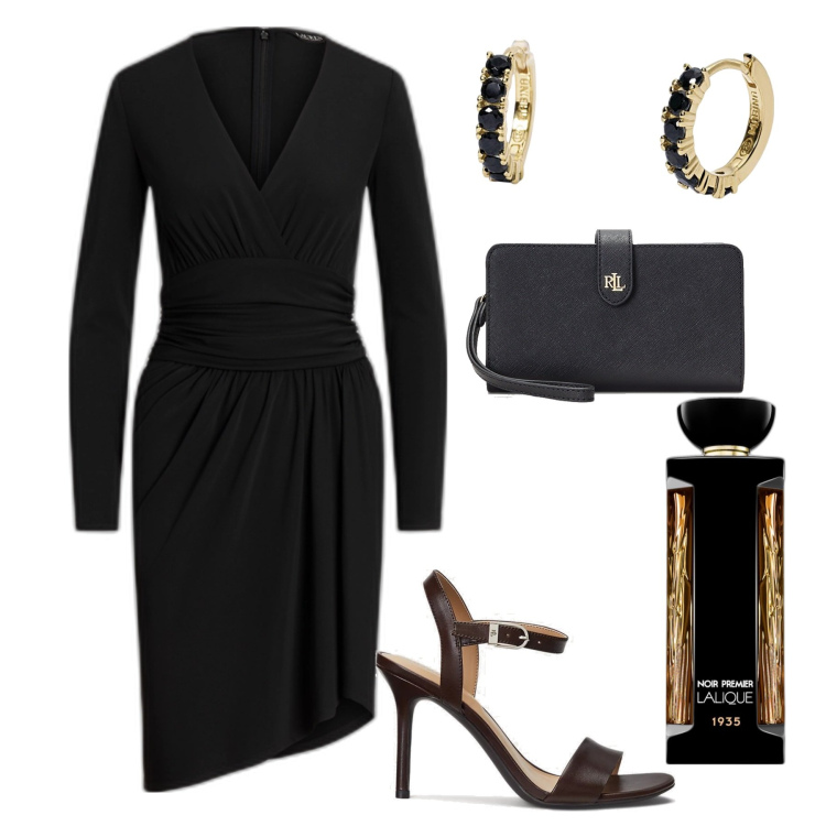 Outfit donna - Serata. Stile Chic per Serata fuori. Abbinamento con profumi, orecchini, vestiti asimmetrici, sandali in pelle, pochette.