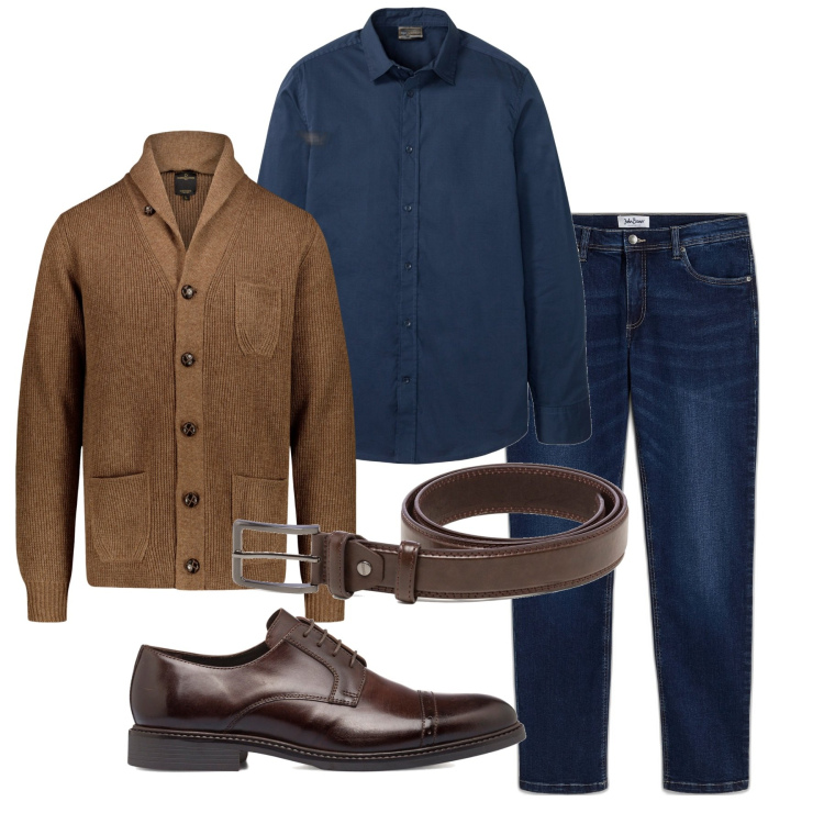 Outfit uomo - Inverno. Stile Casual per Tutti i giorni. Abbinamento con jeans dritti, camicie, cinture, scarpe stringate, cardigans.