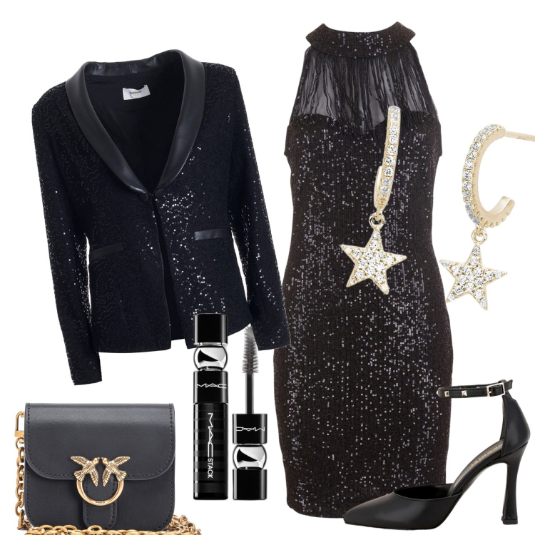 Outfit donna - A teatro. Stile Glamour per Serata fuori. Abbinamento con mascara, orecchini, borse a tracolla, vestiti, blazer, décolleté.