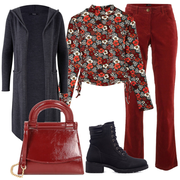Outfit donna - Blusa a fiori. Stile Casual chic per Tutti i giorni. Abbinamento con pantaloni, cardigans, t-shirt, borse a mano, anfibi.