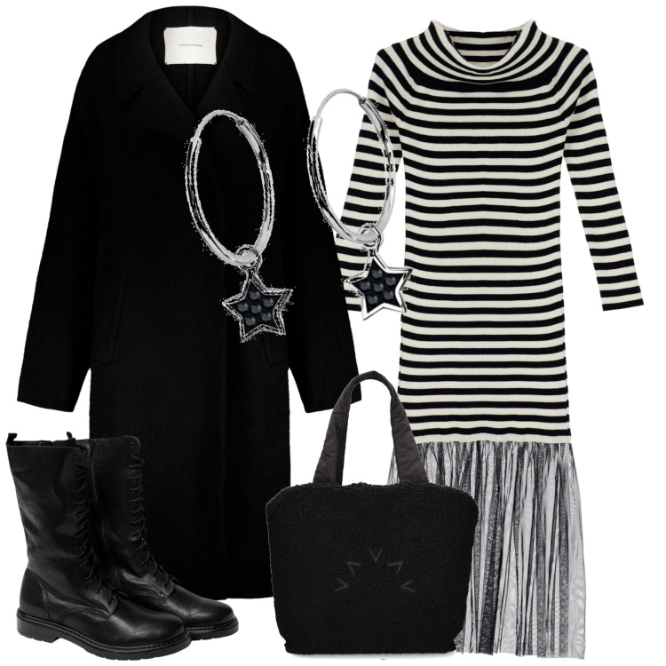 Outfit donna - Con amici a cena. Stile Casual per Serata fuori. look ideale per Tall. Abbinamento con vestiti midi/longuette, cappotti, stivaletti, orecchini, shopping bag.