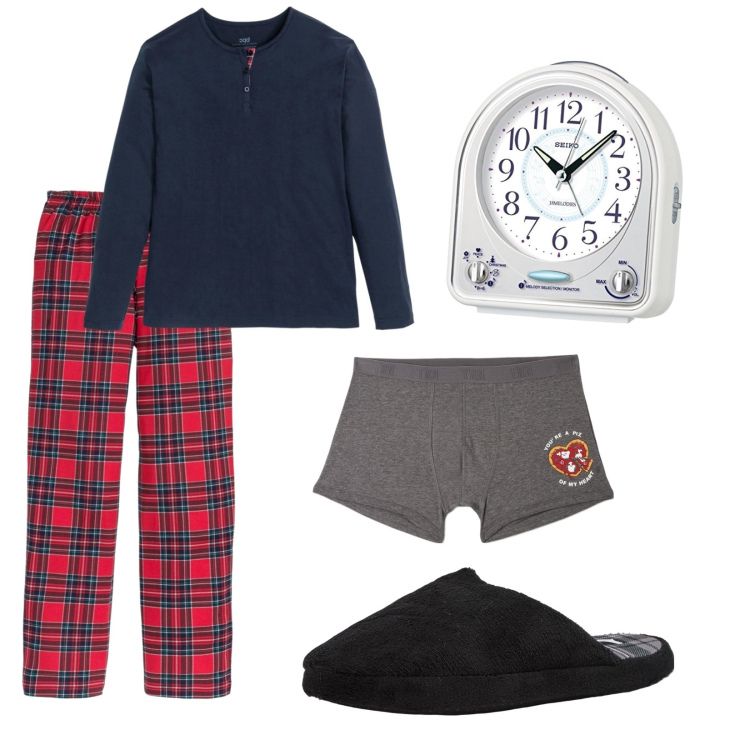 Outfit uomo - Buonanotte. Stile Casual per Tutti i giorni. Abbinamento con abbigliamento da notte, boxer, pantofole, orologi.