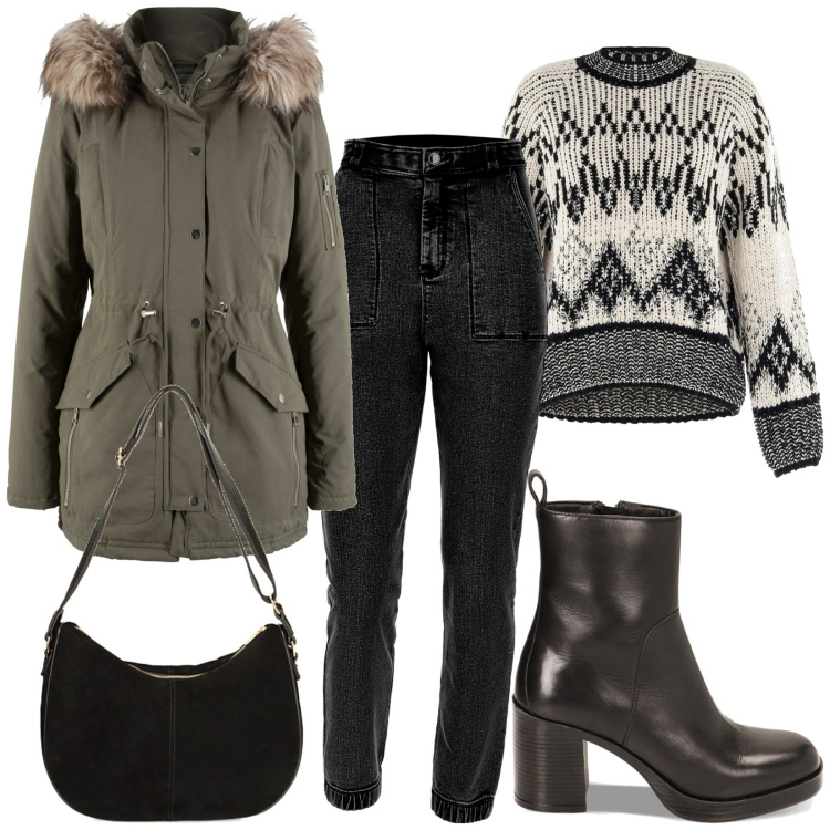 Outfit donna - Casual Inverno. Stile Casual per Tutti i giorni. Abbinamento con parka, maglieria, stivaletti, borse a spalla, jeans skinny.