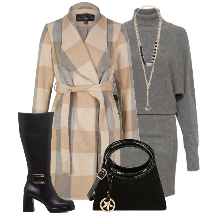Outfit donna - In città. Stile Casual chic per Tutti i giorni. Abbinamento con vestiti, cappotti, collane, borse a spalla, stivali sopra il ginocchio.