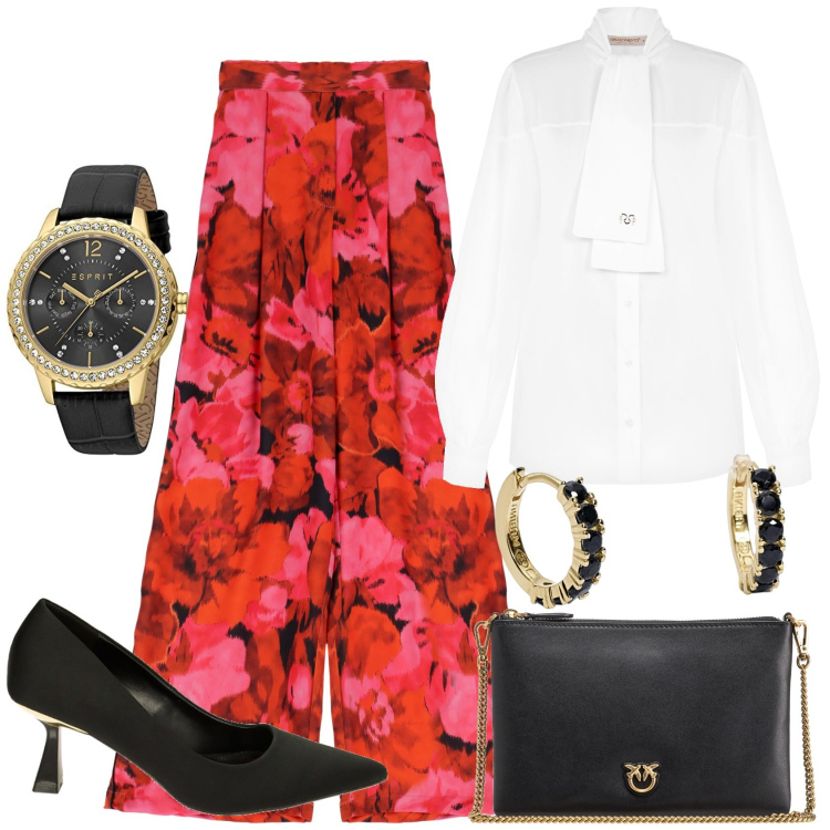Outfit donna - Tu sei un fiore. Stile Romantica per Serata fuori. Abbinamento con orecchini, borse a tracolla, camicie, décolleté, pantaloni a palazzo, orologi.