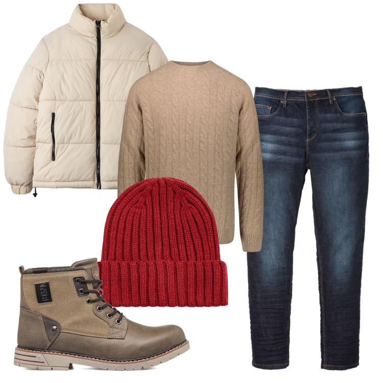 Outfit uomo - Inverno. Stile Casual per Tutti i giorni. Abbinamento con jeans slim fit, piumini, stivali e stivaletti, maglieria, berretti.