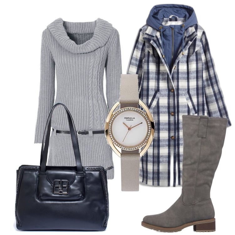Outfit donna - Abito in maglia con cinturino. Stile Casual per Tutti i giorni. Abbinamento con cappotti, vestiti, borse a mano, stivali sopra il ginocchio, orologi.