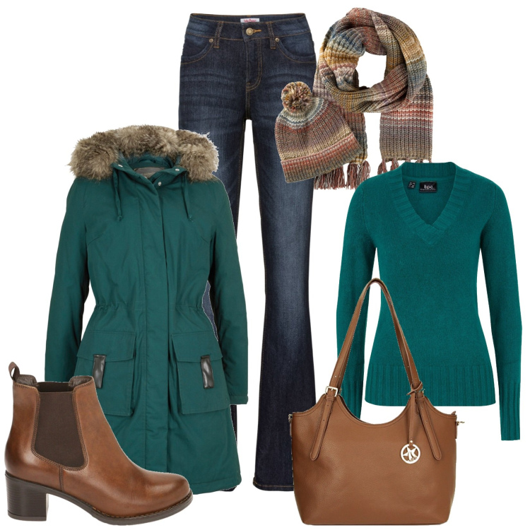 Outfit donna - Inverno. Stile Casual per Tutti i giorni. Abbinamento con maglieria, jeans bootcut, parka, sciarpe, stivaletti chelsea, borse a spalla.