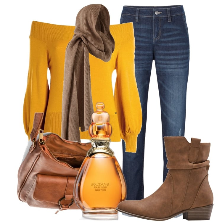 Outfit donna - Total look #1797401. Stile Basic per Tutti i giorni. Abbinamento con jeans boyfriend, borse a tracolla, stivaletti texani, sciarpe, profumi, maglieria.