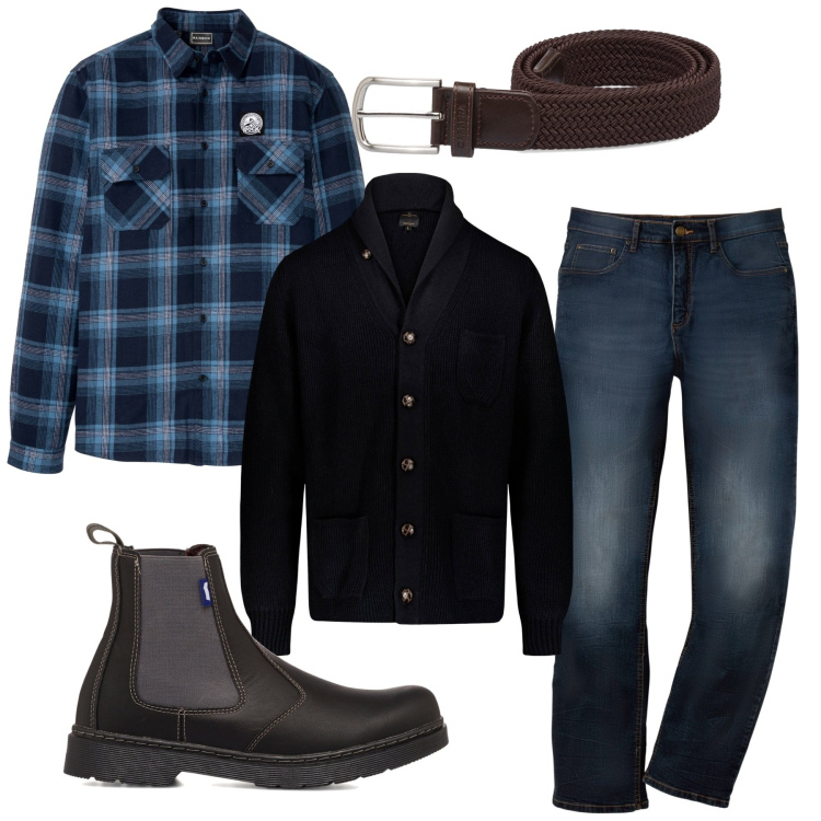 Outfit uomo - Inverno. Stile Casual per Tutti i giorni. Abbinamento con jeans dritti, camicie, stivali e stivaletti, cinture, cardigans.