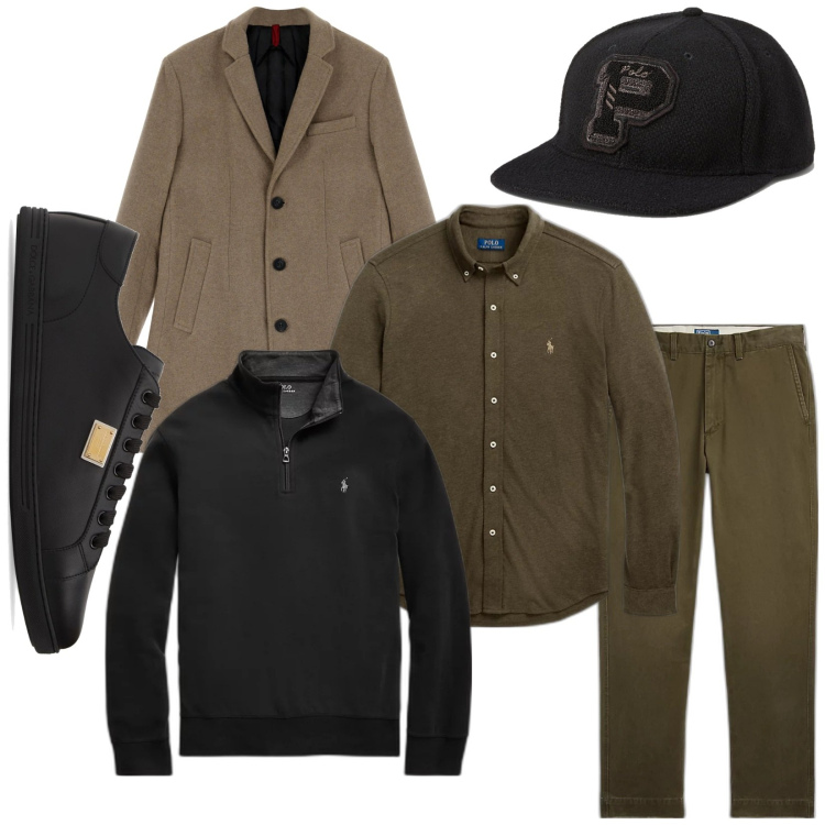 Outfit uomo - Una domenica pomeriggio. Stile Urban per Tutti i giorni. Abbinamento con cappotti, camicie, pantaloni chino, pullovers, cappelli, sneakers.