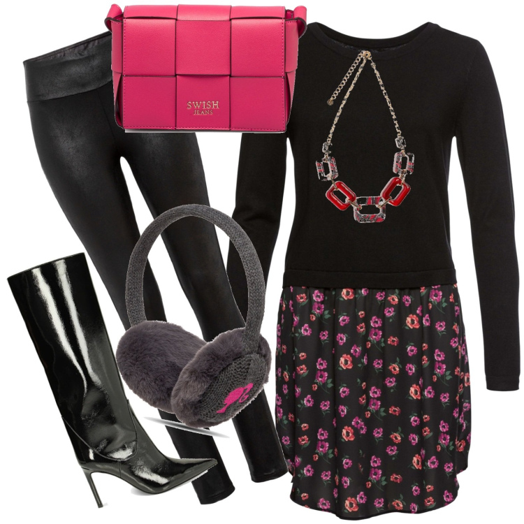 Outfit donna - Hip hop. Stile Casual per Tutti i giorni. Abbinamento con maglieria, leggings, collane, stivali sopra il ginocchio, borse a tracolla, cappelli.