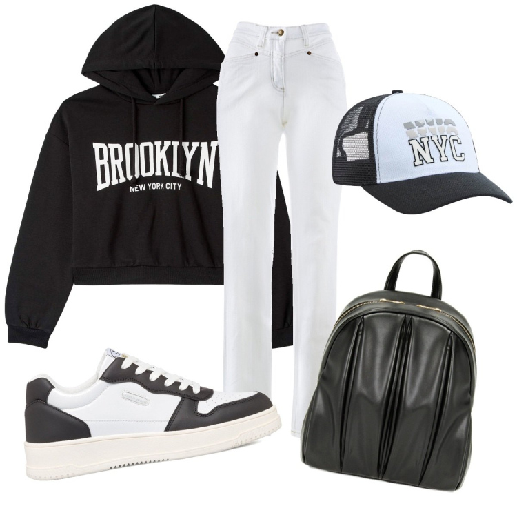 Outfit donna - Parola d\'ordine: comodità!. Stile Sporty chic per Tutti i giorni. Abbinamento con jeans dritti, cappelli, felpe con cappuccio, zaini, sneakers alte.