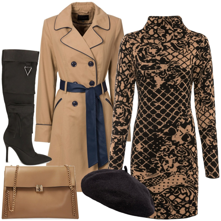 Outfit donna - Cammello. Stile Casual per Tutti i giorni. Abbinamento con trench, vestiti, stivali sopra il ginocchio, borse a spalla, cappelli e berretti.