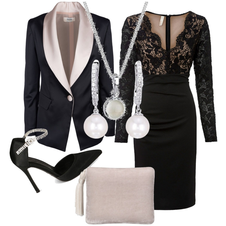 Outfit donna - Elegante. Stile Chic per Serata fuori. Abbinamento con vestiti, orecchini, blazer, décolleté, ciondoli, pochette.