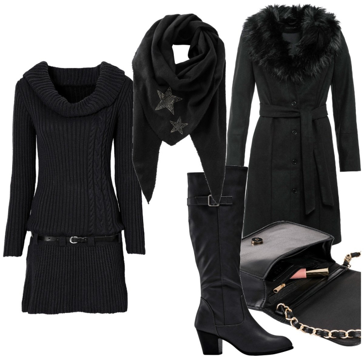 Outfit donna - Il cuore dell’inverno. Stile Casual chic per Serata fuori. Abbinamento con foulard, stivali, borse a tracolla, vestiti, cappotti.