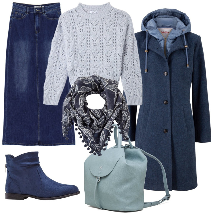 Outfit donna - I toni del cielo. Stile Casual per Tutti i giorni. Abbinamento con cappotti, stivaletti, foulard, maglieria, gonne lunghe, zaini.