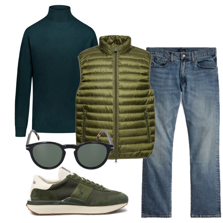 Outfit uomo - Inverno. Stile Urban per Tutti i giorni. Abbinamento con jeans dritti, sneakers, maglieria, piumini, occhiali da sole.