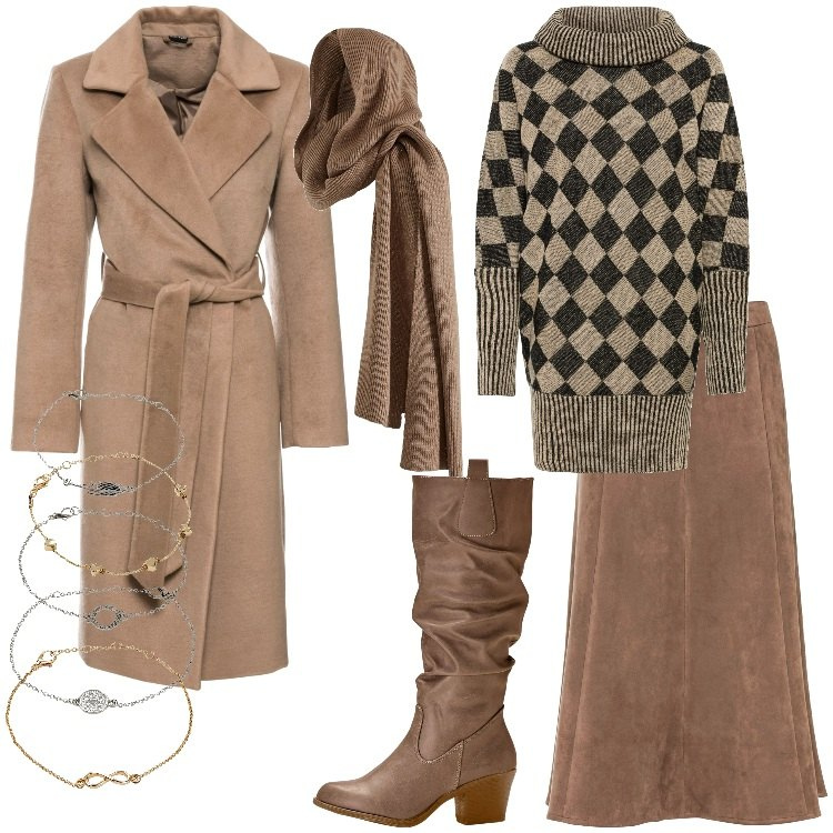 Outfit donna - bonprix - Saldi Invernali 2024. Stile Casual chic per Serata fuori. Abbinamento con stivali, braccialetti con ciondoli, maglieria, cappotti, gonne longuette, sciarpe.