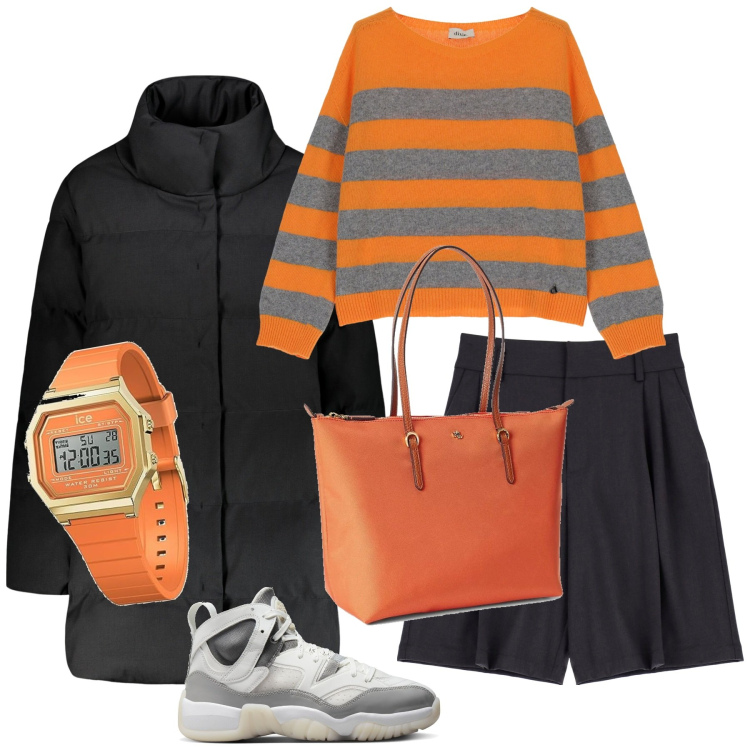 Outfit donna - Il bermuda grigio. Stile Casual per Tutti i giorni. Abbinamento con shorts, borse tote, pullovers, piumini, sneakers, orologi.