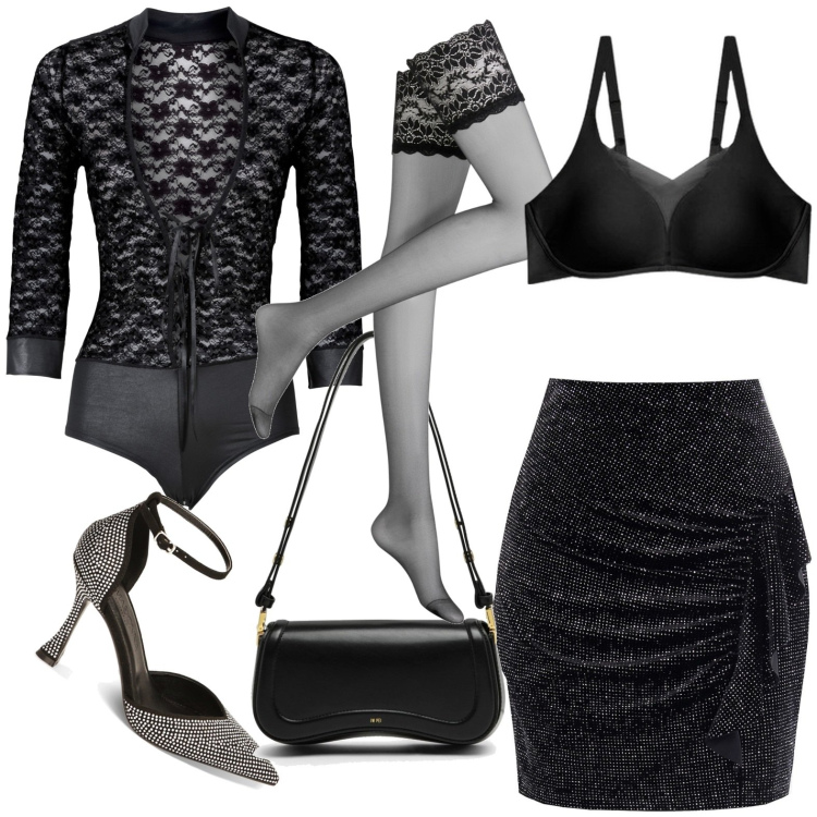 Outfit donna - Festa in pizzo. Stile Sexy per Serata fuori. Abbinamento con collant, body, gonne, reggiseni, décolleté, borse a spalla.