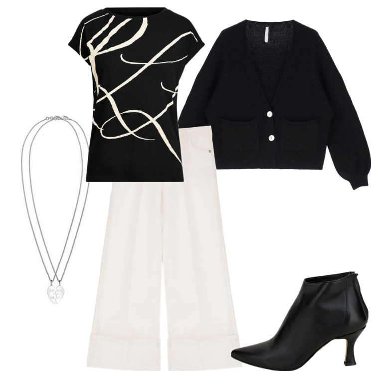 Outfit donna - Bianco e nero. Stile Casual chic per Serata fuori. Abbinamento con cardigans, pantaloni a palazzo, stivaletti, maglieria, ciondoli.