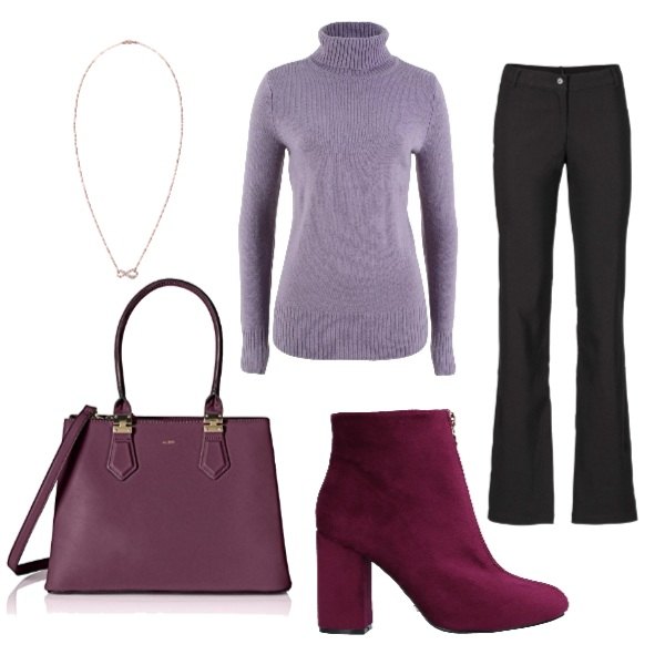 Outfit donna - Caldo e colorato. Stile Basic per Tutti i giorni. look ideale per Petite. Abbinamento con pantaloni, pullover collo alto viola e corda, stivaletti con tacco squadrato e zip con punta tonda in velluto tinta unita, collana con zirconia in argento 925 certificato autenticità rosa e oro e bianco, borsa tote rosso.