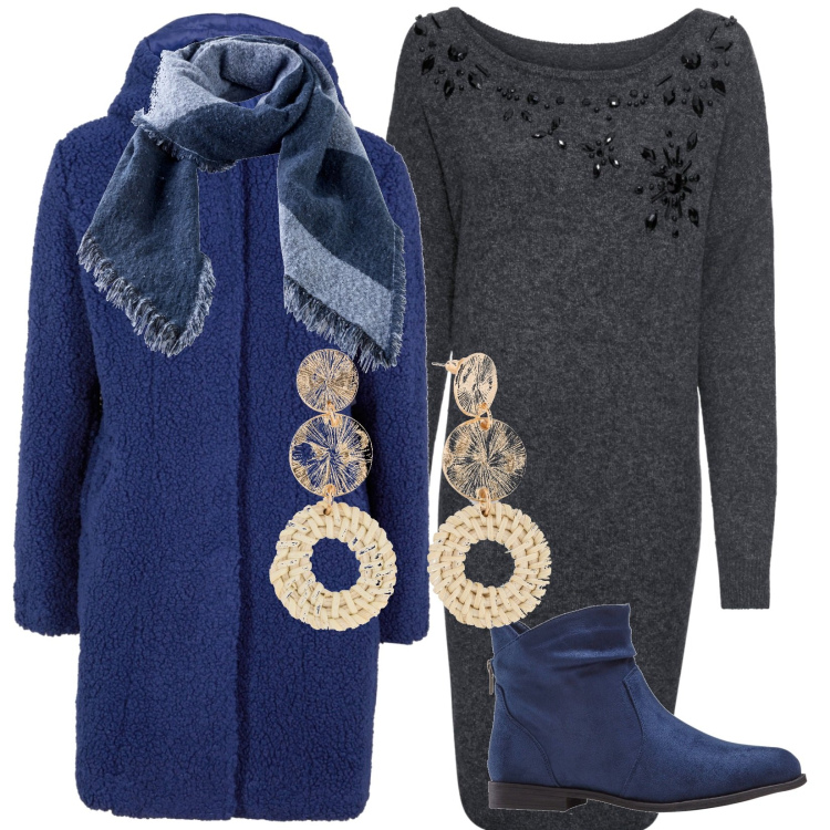 Outfit donna - Moda in saldo. Stile Casual chic per Serata fuori. Abbinamento con orecchini, stivaletti, blazer, vestiti, sciarpe.