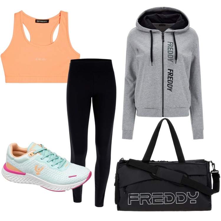 Outfit donna - Freddy sport. Stile Sporty chic per Sport. Abbinamento con borse sportive, felpe con cappuccio, leggings, top sportivi, sneakers.