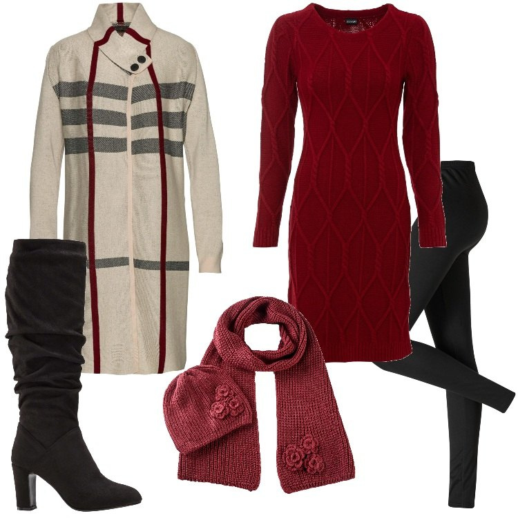 Outfit donna - Bonprix - Saldi Invernali 2024. Stile Basic per Serata fuori. Abbinamento con leggings, vestiti, cardigans, stivali sopra il ginocchio, sciarpe.
