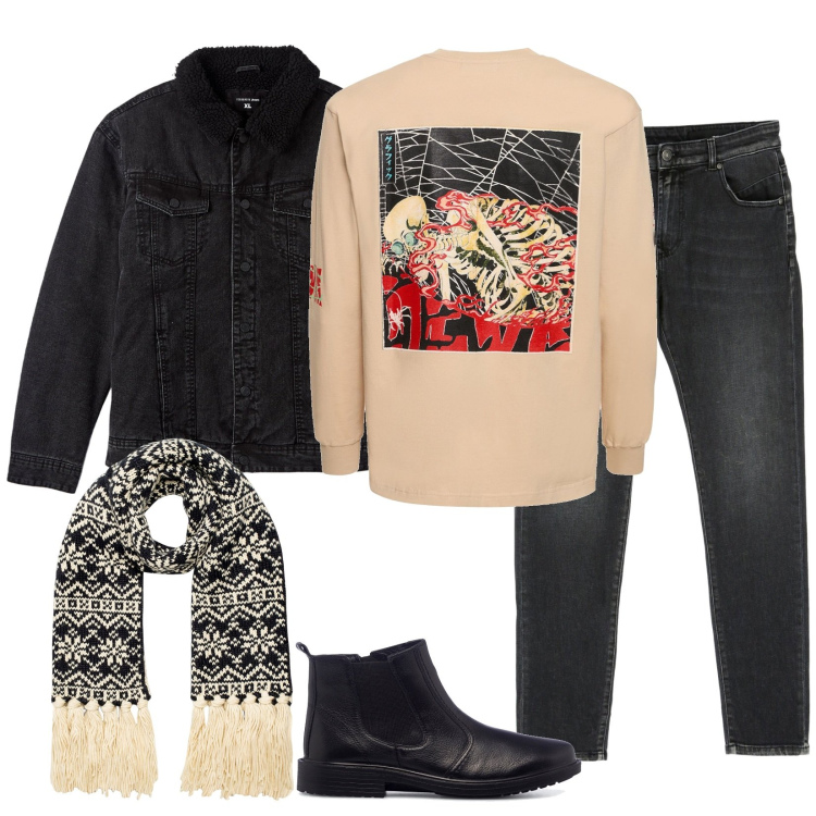 Outfit uomo - Total look #1797538. Stile Casual per Tutti i giorni. Abbinamento con cappotti, jeans, sciarpe, stivali e stivaletti, t-shirt.