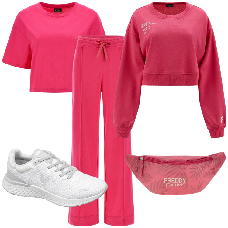 Outfit donna - A passeggio con Fido. Stile Basic per Tutti i giorni. Abbinamento con pantaloni a palazzo, felpe, t-shirt, marsupi, sneakers.