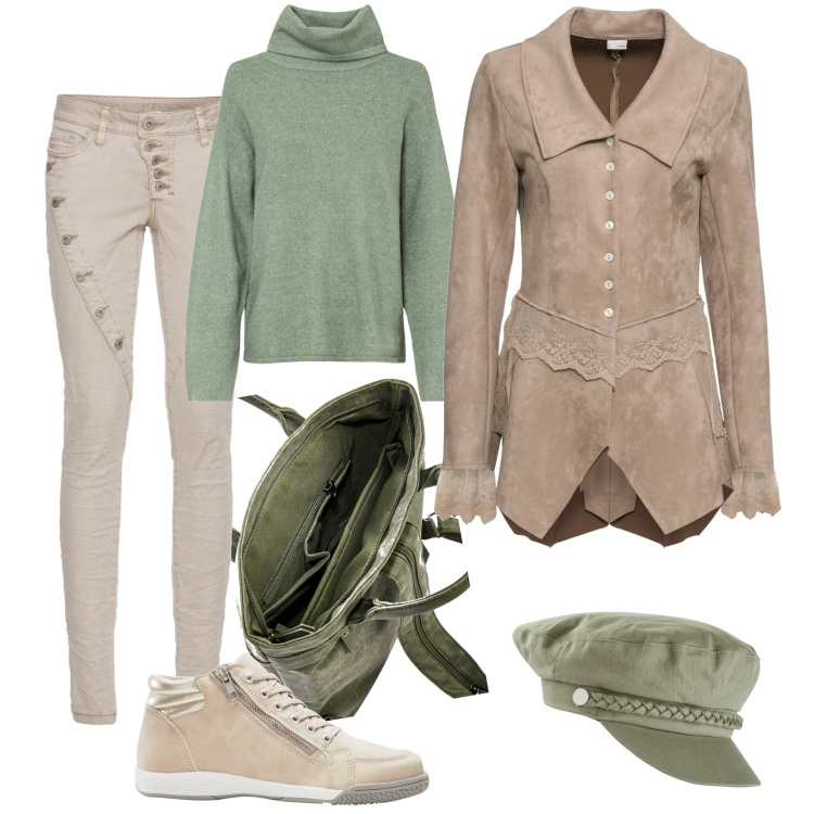Outfit donna - Pizzata serale Bonprix con gli amici. Stile Sporty chic per Serata fuori. Abbinamento con cappelli, pantaloni, maglieria, blazer, sneakers alte, zaini.