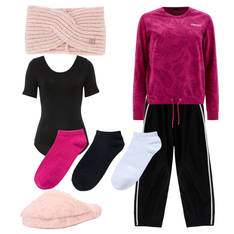 Outfit donna - Una domenica tranquilla. Stile Casual per Tutti i giorni. Abbinamento con body, pantofole, calzini, pantaloni, felpe, cappelli.