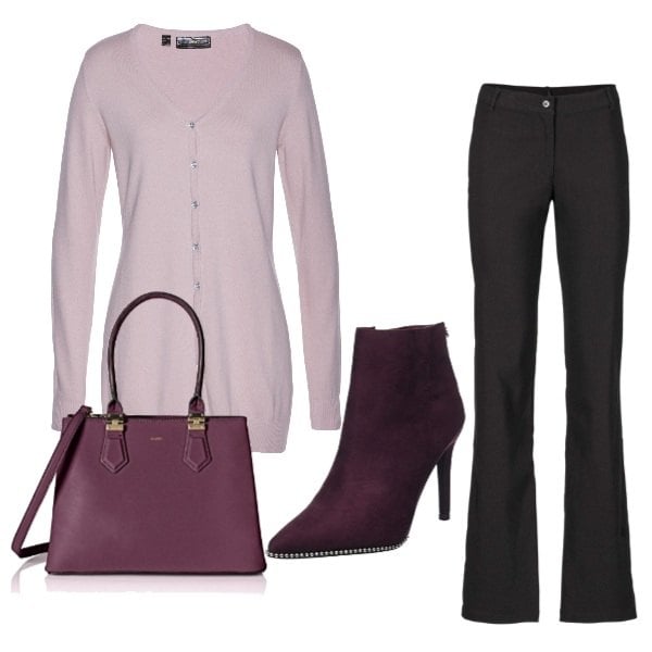 Outfit donna - Viola. Stile Trendy per Tutti i giorni. Abbinamento con pantaloni, cardigan a maniche lunghe, stivaletti viola, borsa tote rosso.