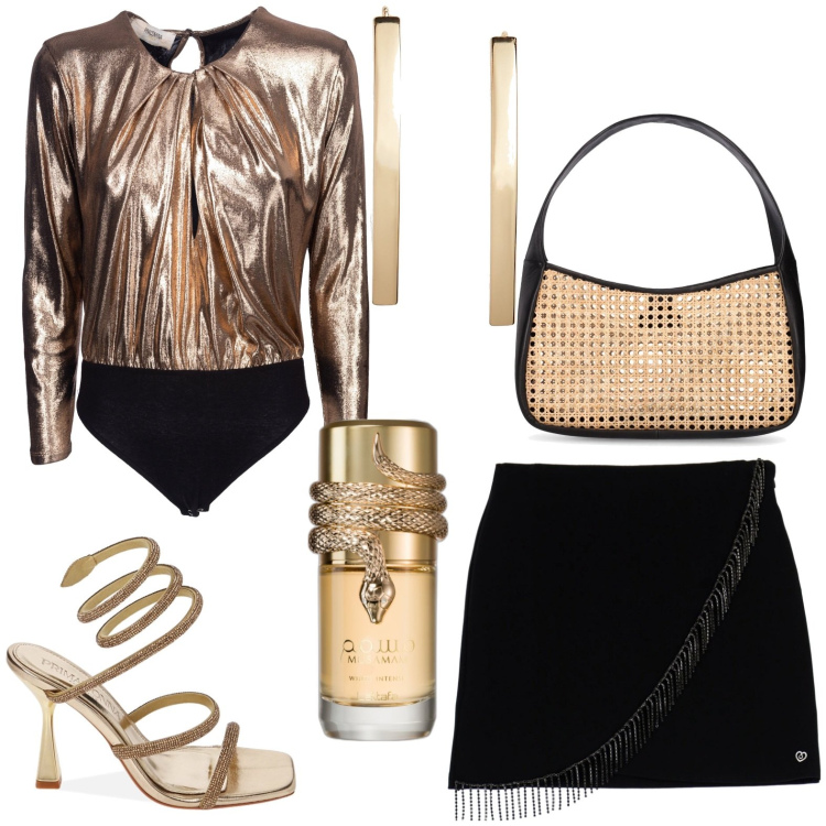 Outfit donna - Chic. Stile Chic per Serata fuori. Abbinamento con profumi, gonne, body, sandali col tacco, orecchini, borse a spalla.