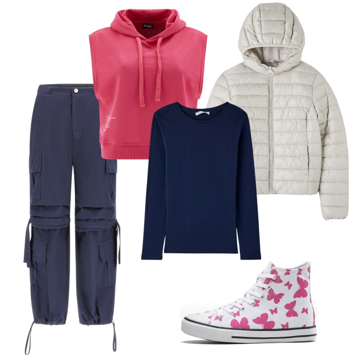Outfit donna - Farfalle (vegan ok). Stile Urban per Tutti i giorni. Abbinamento con sneakers alte, t-shirt, blazer, pantaloni cargo, felpe con cappuccio.