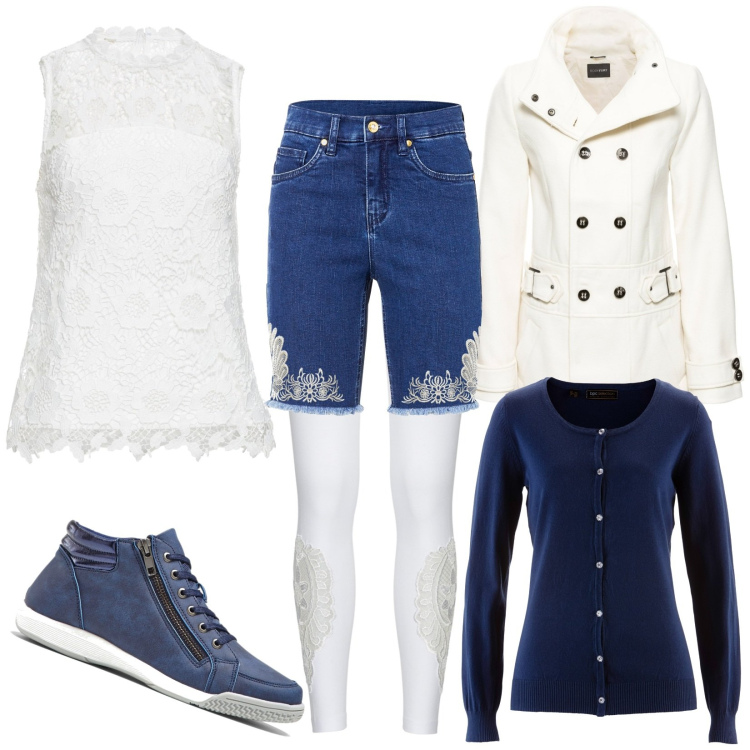 Outfit donna - A modo mio. Stile Romantica per Serata fuori. Abbinamento con cardigans, sneakers alte, bermuda, top, leggings, blazer.