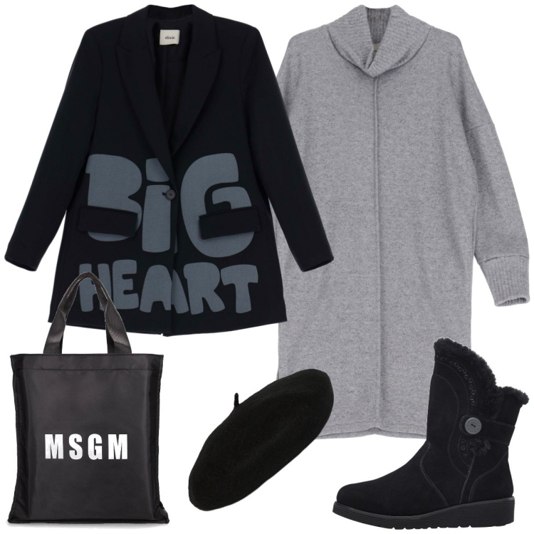 Outfit donna - Al mercato. Stile Basic per Tutti i giorni. Abbinamento con stivali, cappotti, vestiti corti, cappelli e berretti, shopping bag.