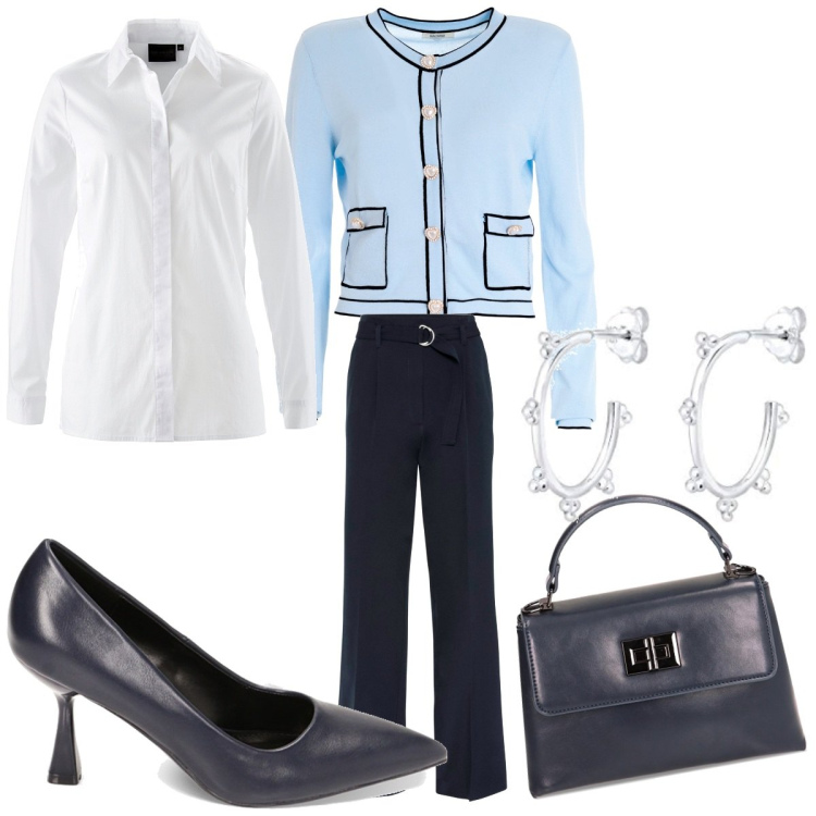 Outfit donna - Total look #1797613. Stile Minimal per Ufficio. Abbinamento con camicie, pantaloni, cardigans, décolleté, borse a mano, orecchini.