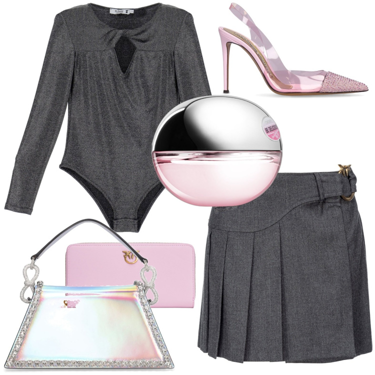 Outfit donna - Rosa e grigio. Stile Chic per Serata fuori. Abbinamento con profumi, minigonne, portafogli, body, borse a mano, décolleté.
