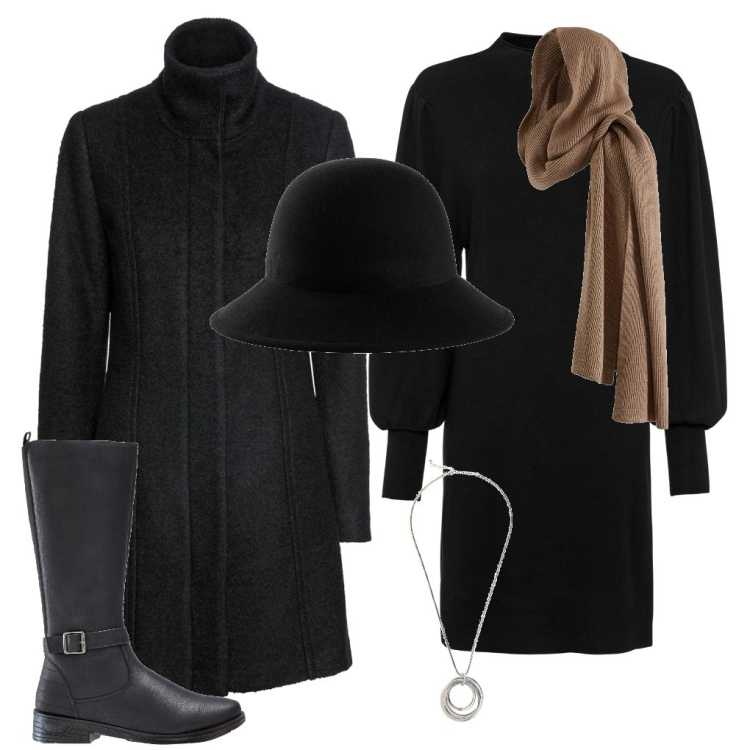 Outfit donna - Con il cappello. Stile Casual chic per Serata fuori. Abbinamento con stivali, vestiti, cappotti, cappelli, sciarpe, collane.