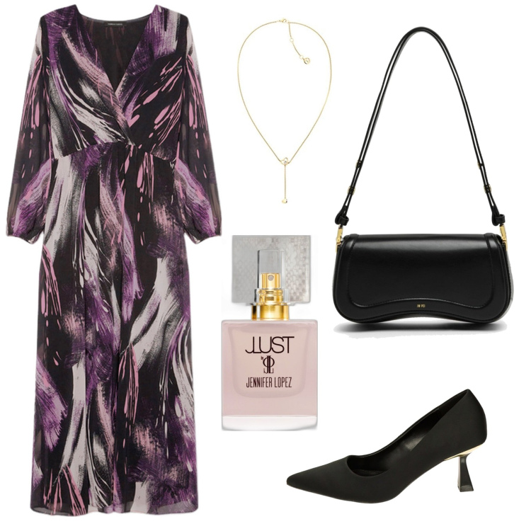 Outfit donna - Serata primaverile curvy. Stile Chic per Serata fuori. Abbinamento con profumi, décolleté, vestiti lunghi, ciondoli, borse a spalla.
