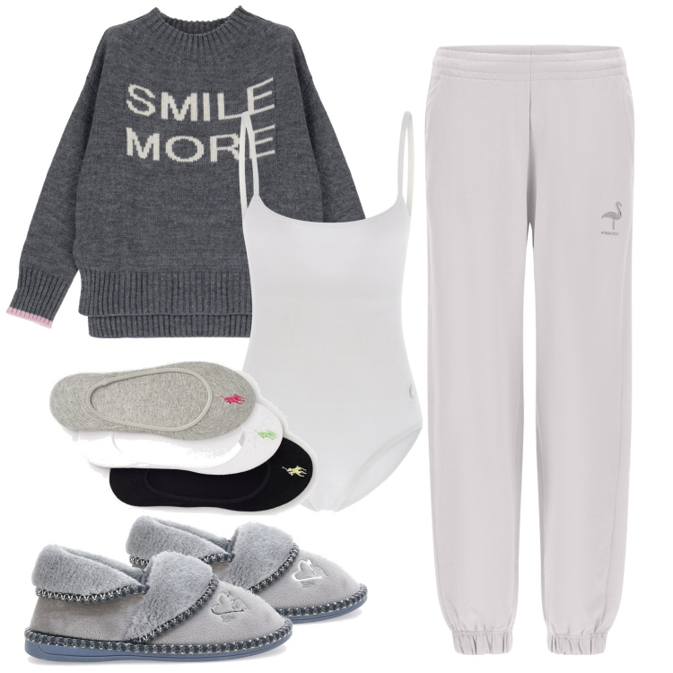 Outfit donna - Relax di domenica. Stile Basic per Tutti i giorni. Abbinamento con pantaloni, body, maglieria, calzini, pantofole.