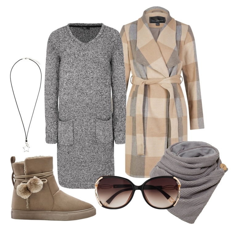 Outfit donna - Ghost outfitter - gennaio. Stile Trendy per Serata fuori. Abbinamento con foulard, occhiali da sole, vestiti, cappotti, stivaletti, collane.