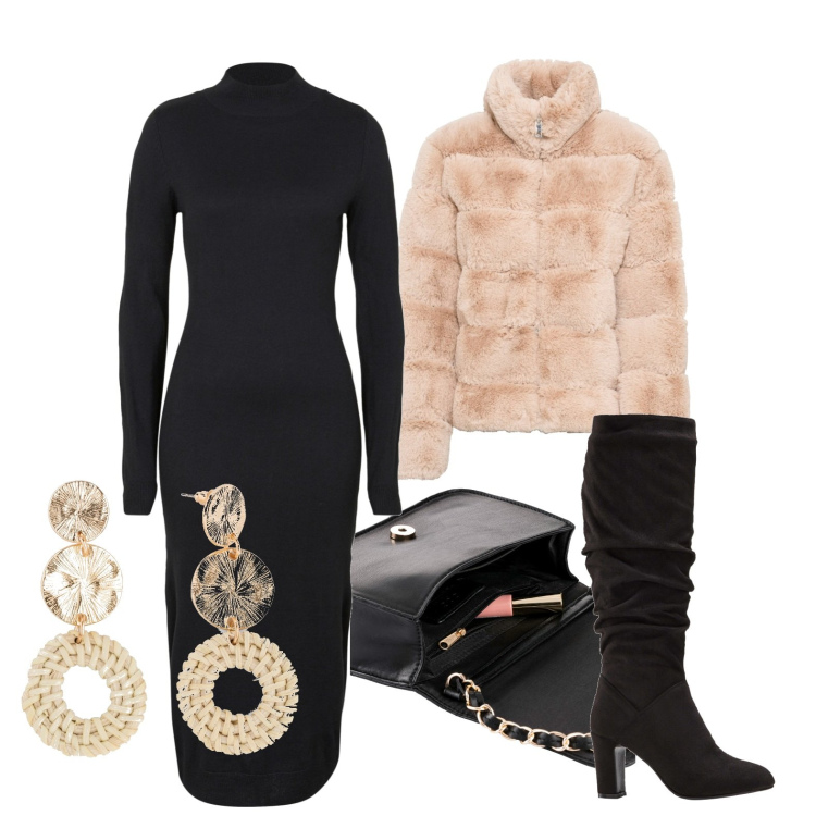 Outfit donna - Ghost outfitter - gennaio. Stile Trendy per Serata fuori. Abbinamento con vestiti, ecopellicce, orecchini, borse a tracolla, stivali sopra il ginocchio.