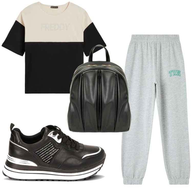Outfit donna - Total look #1797676. Stile Basic per Sport. Abbinamento con pantaloni, t-shirt, sneakers alte, zaini.