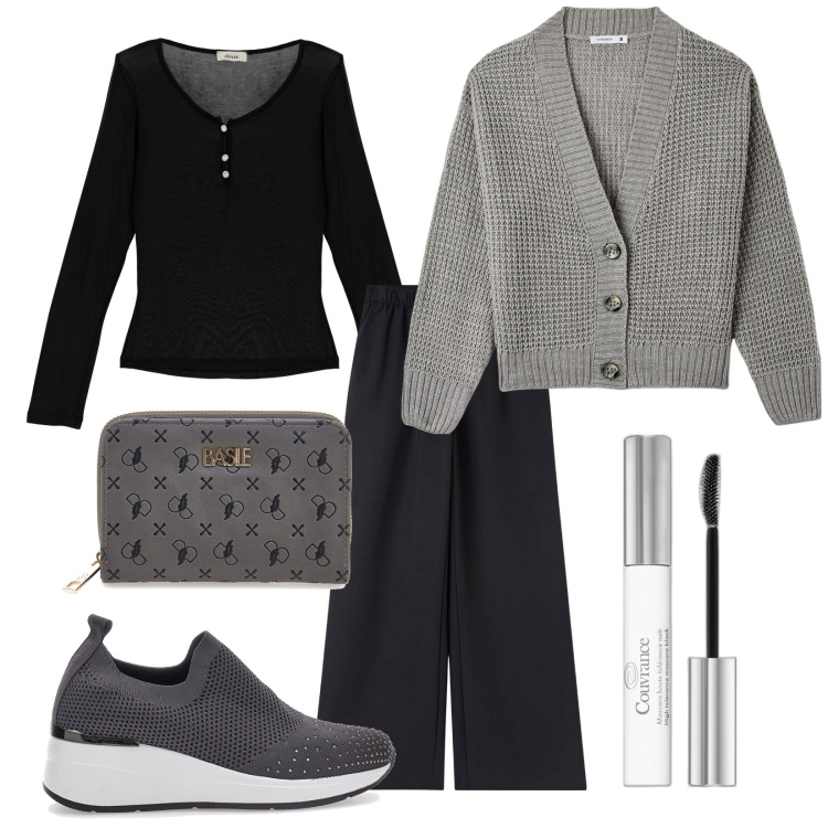 Outfit donna - Total look #1797693. Stile Basic per Tutti i giorni. Abbinamento con mascara, cardigans, pantaloni, maglieria, sneakers, portafogli.